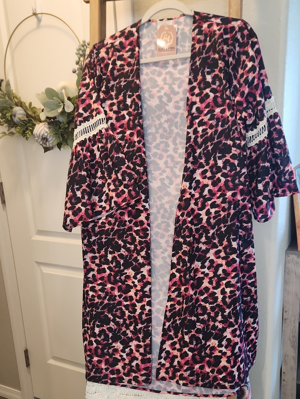 Pink Leopard Print Open Front Kimono